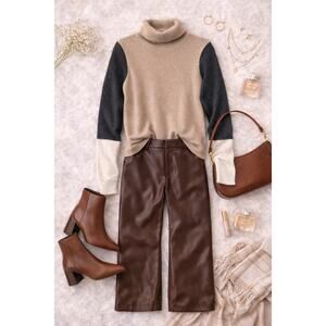 Morgan Taylor Women's 100% Cashmere Colorblock Turtleneck Sweater Tan Gray SZ S